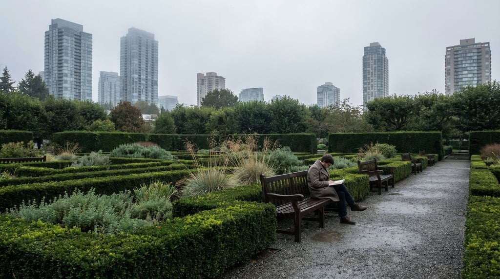 Manicured city garden with formal hedges with city towers visible in the background