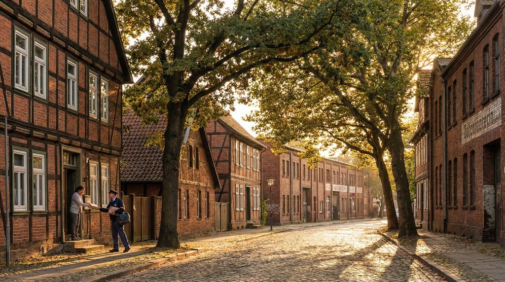 Half-timbered historic houses in a industrial neighborhood