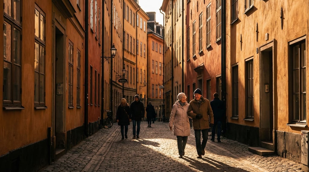 Narrow Stockholm Gamla Stan lane with tall buildings on both sides creating a canyon of light and sh