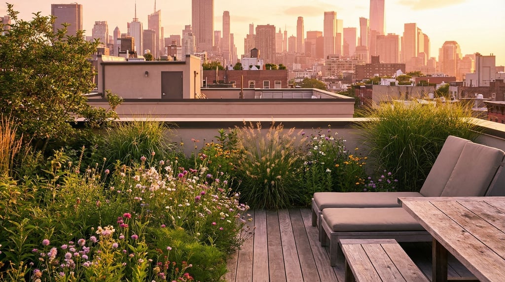 Green roof with wildflower meadow overlooking downtown at sunset