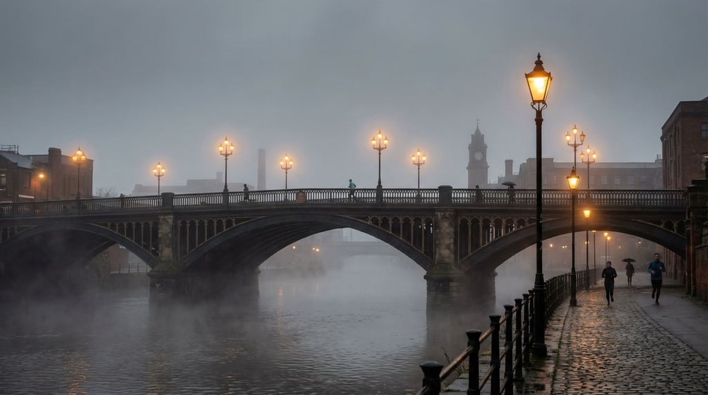 Cast iron Victorian bridge at misty morning, warm streetlights creating halos in fog