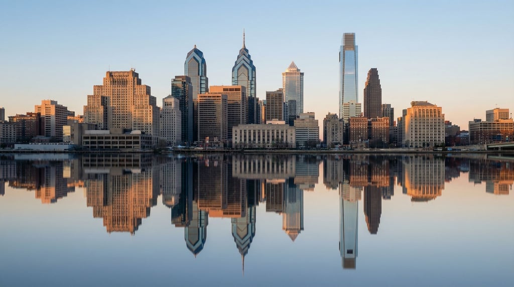Art deco city skyline reflected in a calm river at early morning