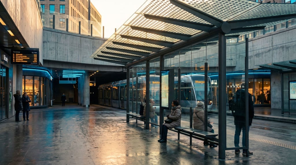 Modern tram stop with glass shelter, steel and glass canopy filtering daylight