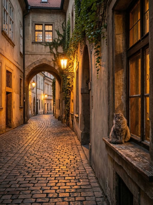 Narrow Prague Gothic passage with cobblestones wet from recent rain reflecting warm light