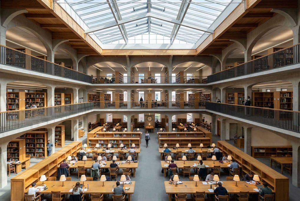 Grand reading room with rows of desks inside a civic center