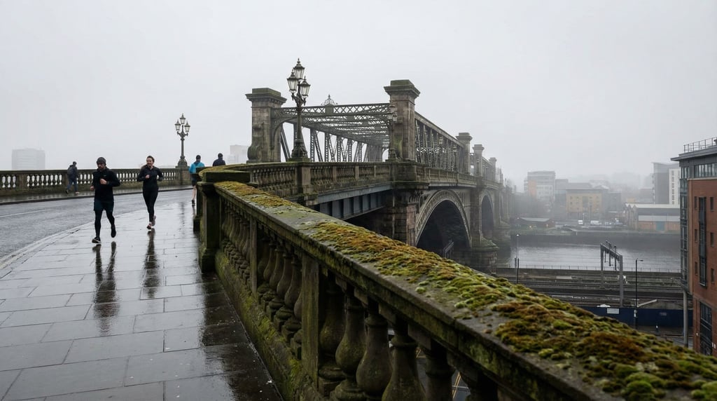 Cast iron Victorian bridge at overcast midday, stone balustrades with weathered moss
