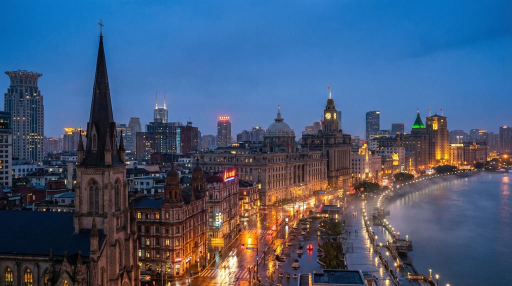 Sweeping panoramic view of a art deco city skyline at dusk