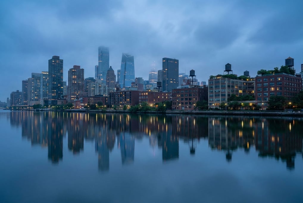 Postmodern city skyline reflected in a calm river at dusk