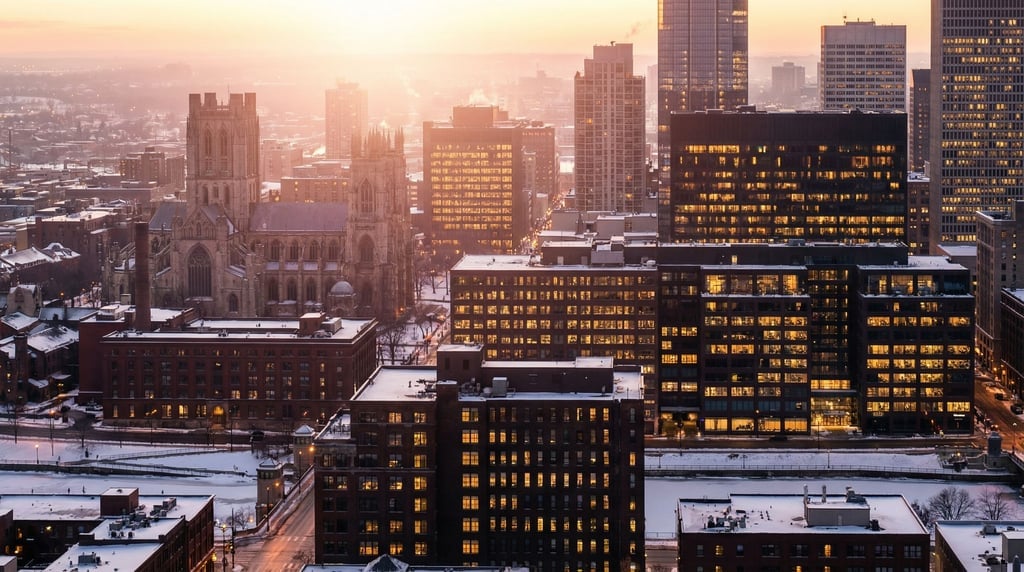 Sweeping panoramic view of a mixed historic and contemporary city skyline at sunset