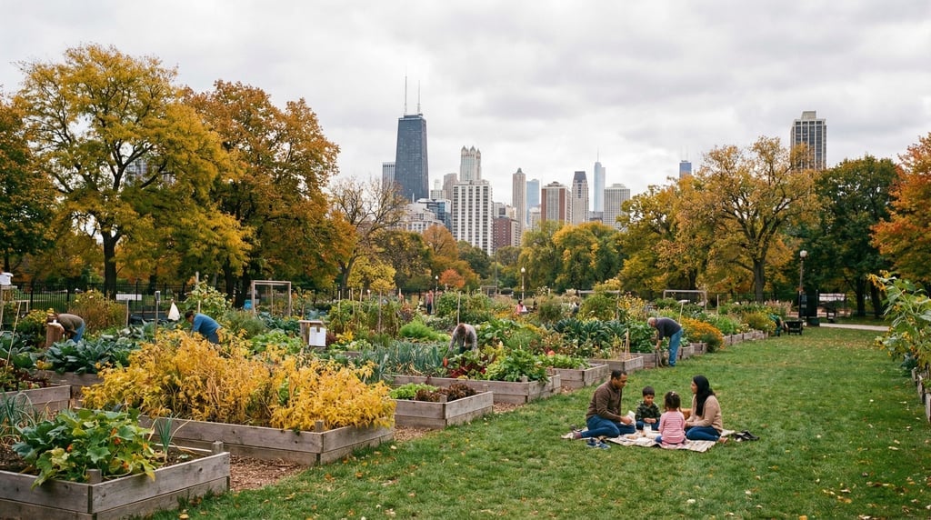 Community garden with raised beds with city towers visible in the background