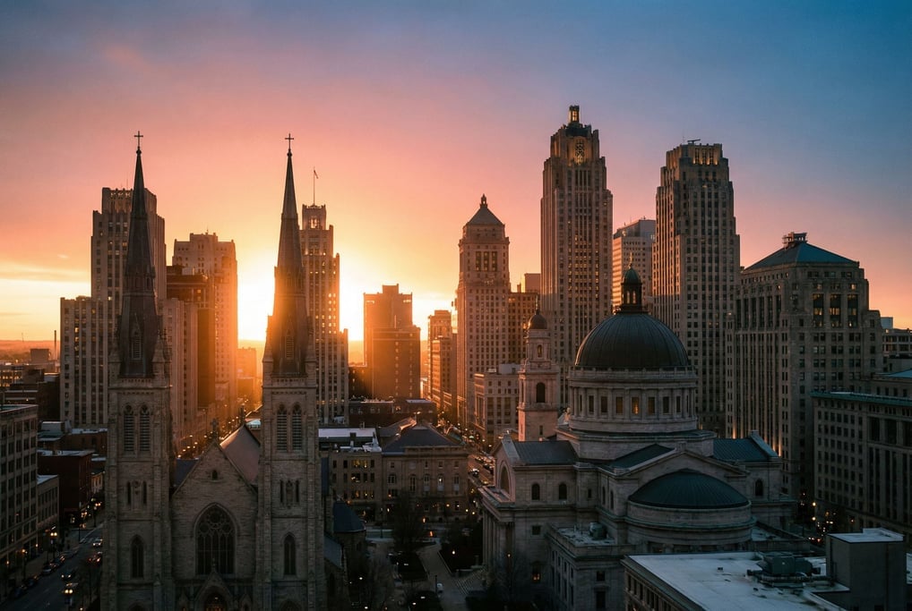 Sweeping panoramic view of a art deco city skyline at sunset