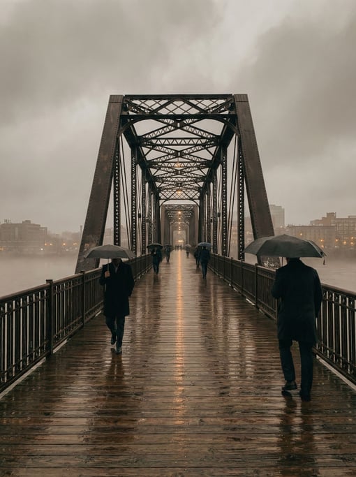Railroad bridge converted to a walking path under overcast skies, soft even light and muted tones
