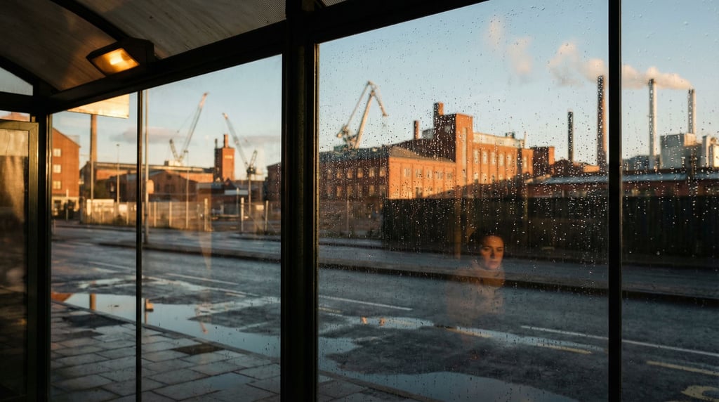 View through a bus shelter glass panel overlooking a industrial cityscape at late afternoon