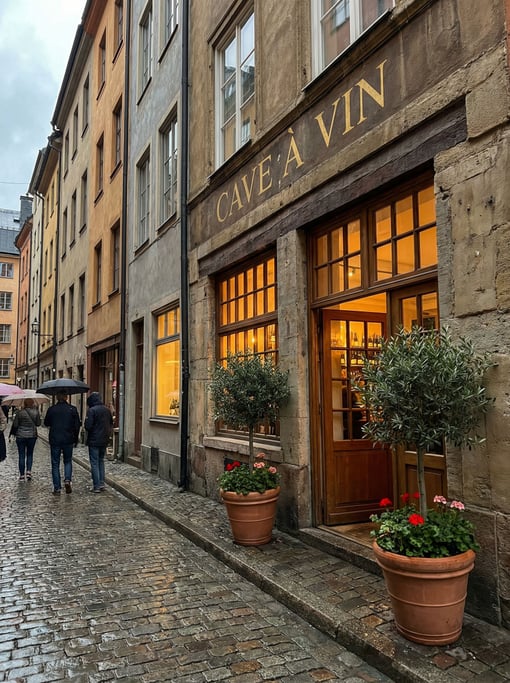 Wine bar on a quiet historic city side street, warm light pouring from windows onto the pavement