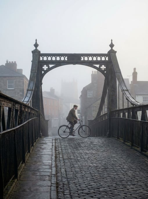 Cast iron Victorian bridge in morning fog