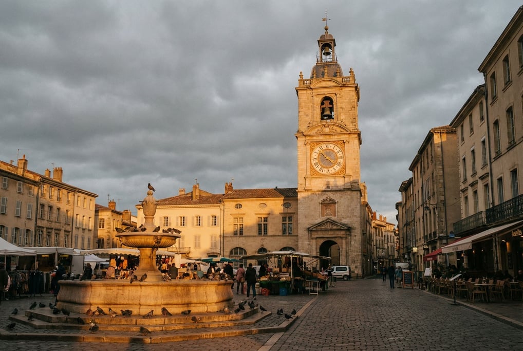 Market square with a historic clock tower in a European city, pigeons gathered near the fountain