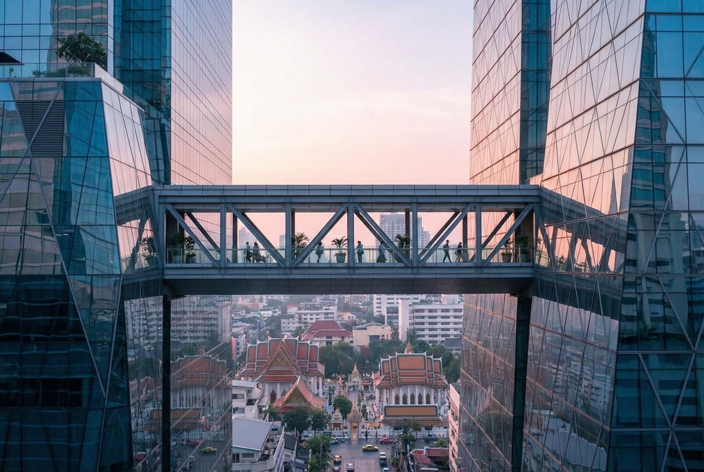 Elevated walkway between glass towers in a Bangkok