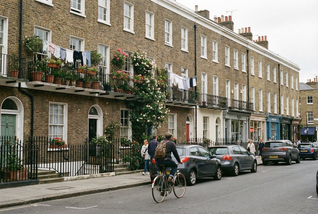 Terrace of Georgian brick houses in a cosmopolitan neighborhood