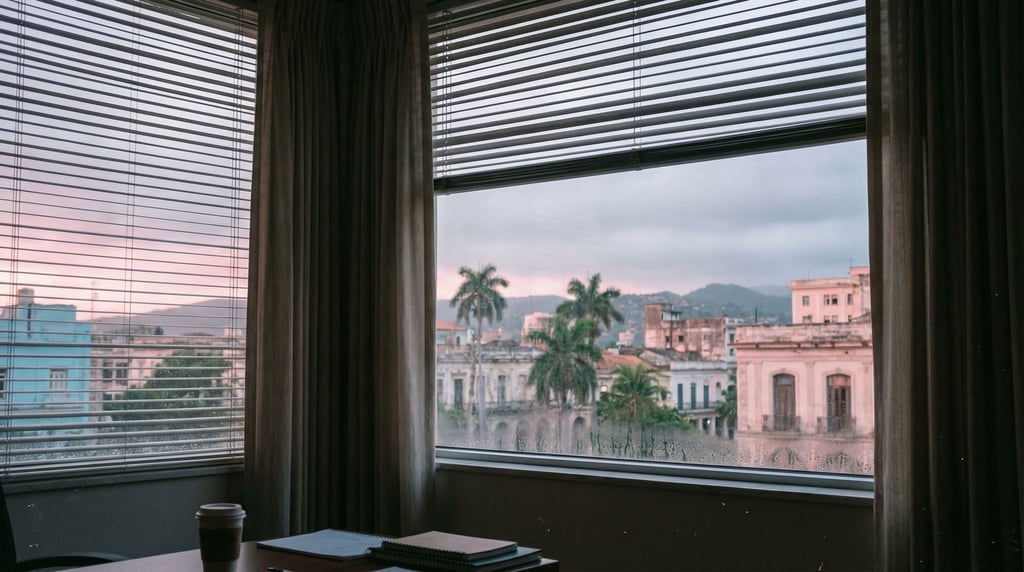 View through a office window with venetian blinds partially open overlooking a tropical cityscape at
