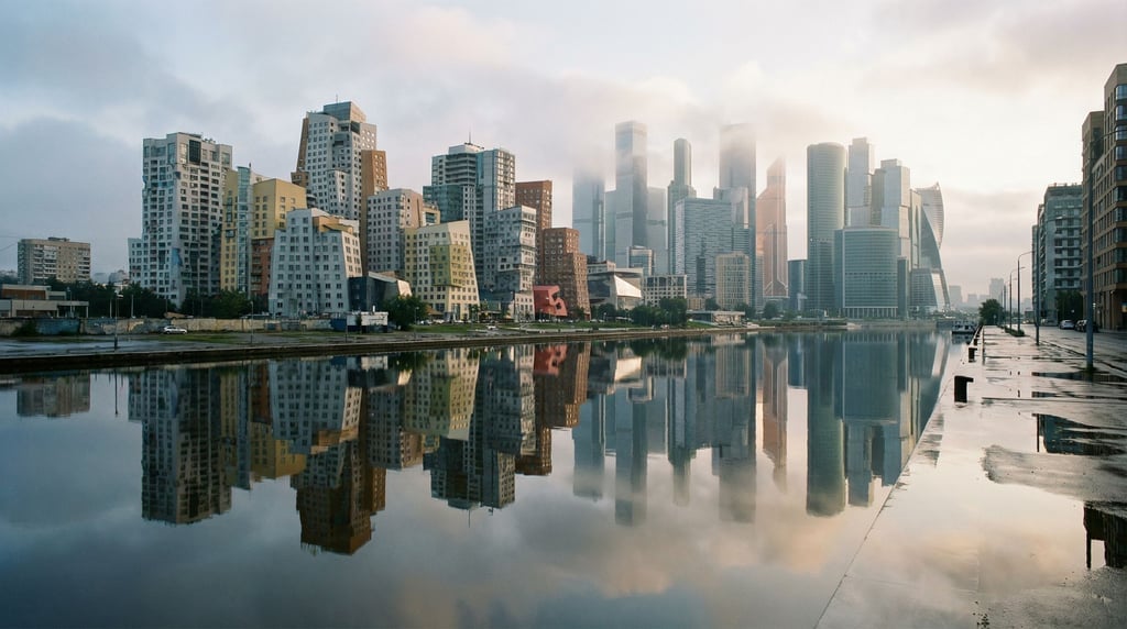 Postmodern city skyline reflected in a calm river at misty morning