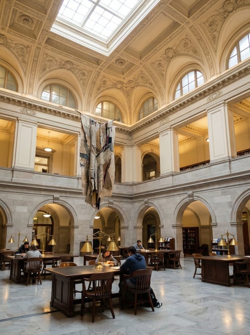 Double-height lobby with monumental art inside a historic courthouse