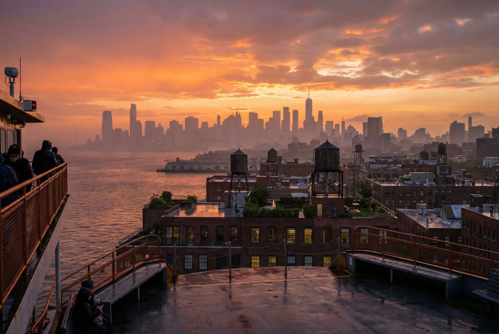 Distant city skyline seen from a ferry approaching the harbor
