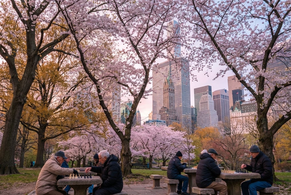 Cherry blossom grove in a city park with city towers visible in the background