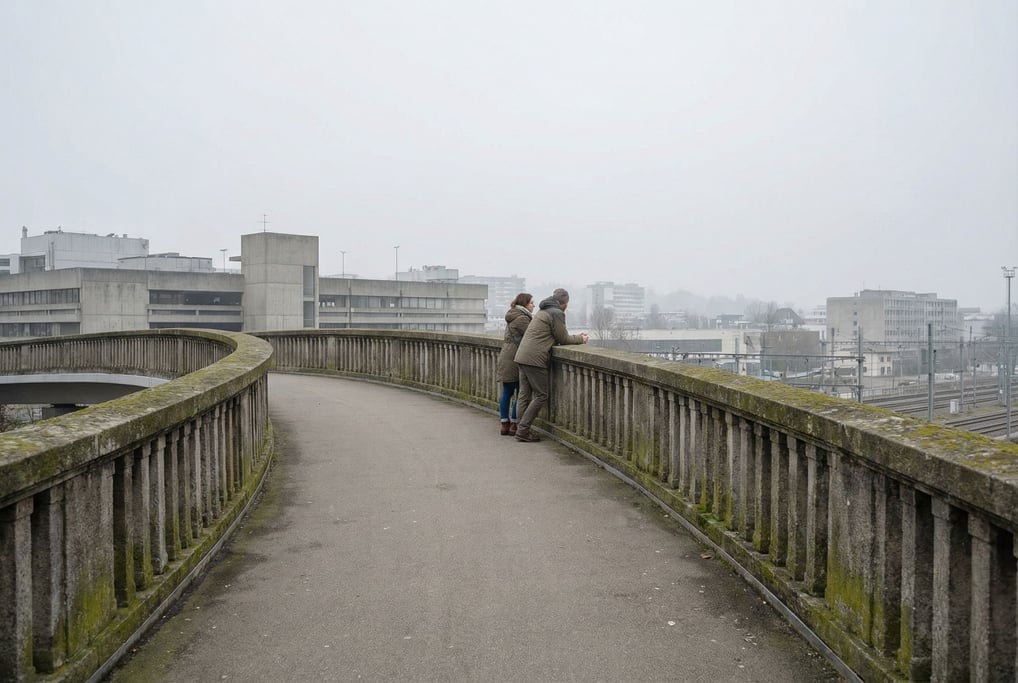 Sleek contemporary cycling bridge at overcast midday, stone balustrades with weathered moss