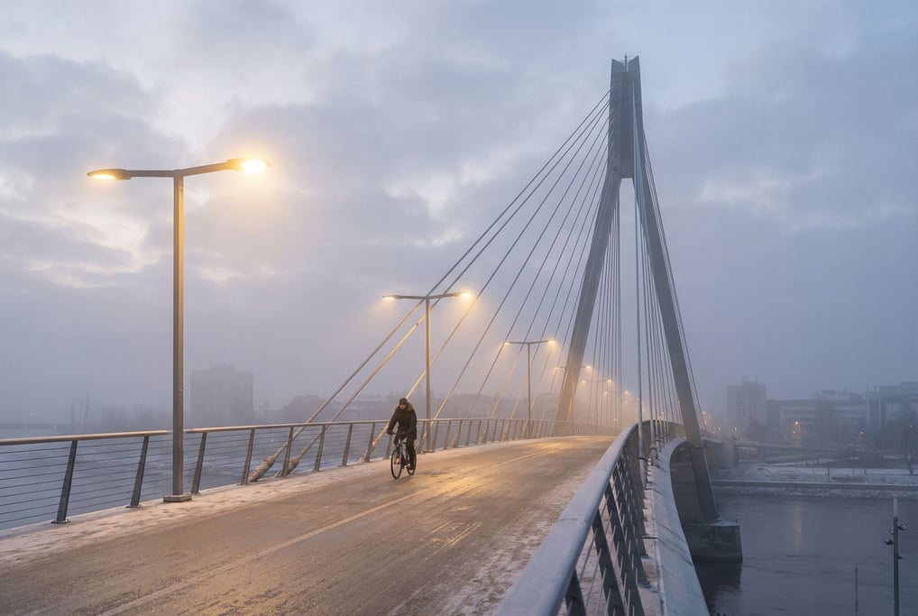 Modern cable-stayed pedestrian bridge at cloudy afternoon, warm streetlights creating halos in fog