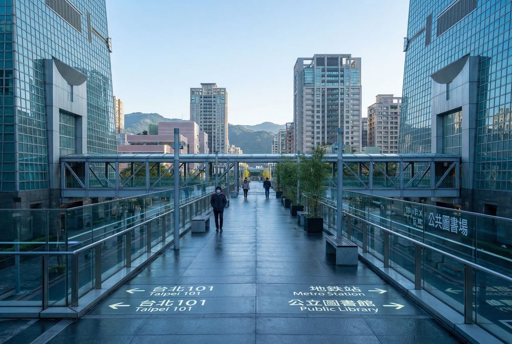 Elevated walkway between glass towers in a Taipei