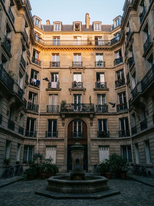 Looking up through a courtyard of a Parisian apartment block