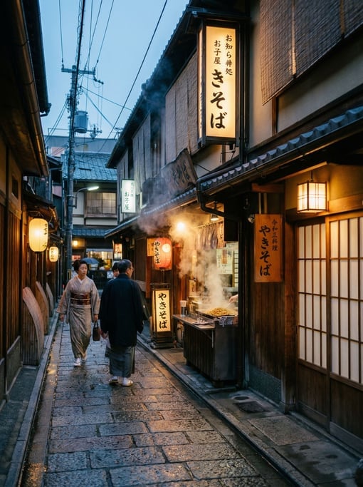 Narrow Kyoto wooden machiya street with vertical signage in local script on narrow buildings