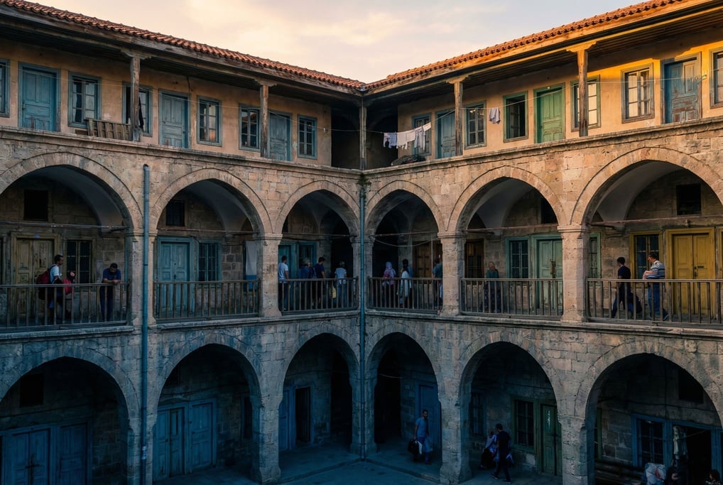 Looking up through a courtyard of a Ottoman-era caravanserai, colorful doors at each landing