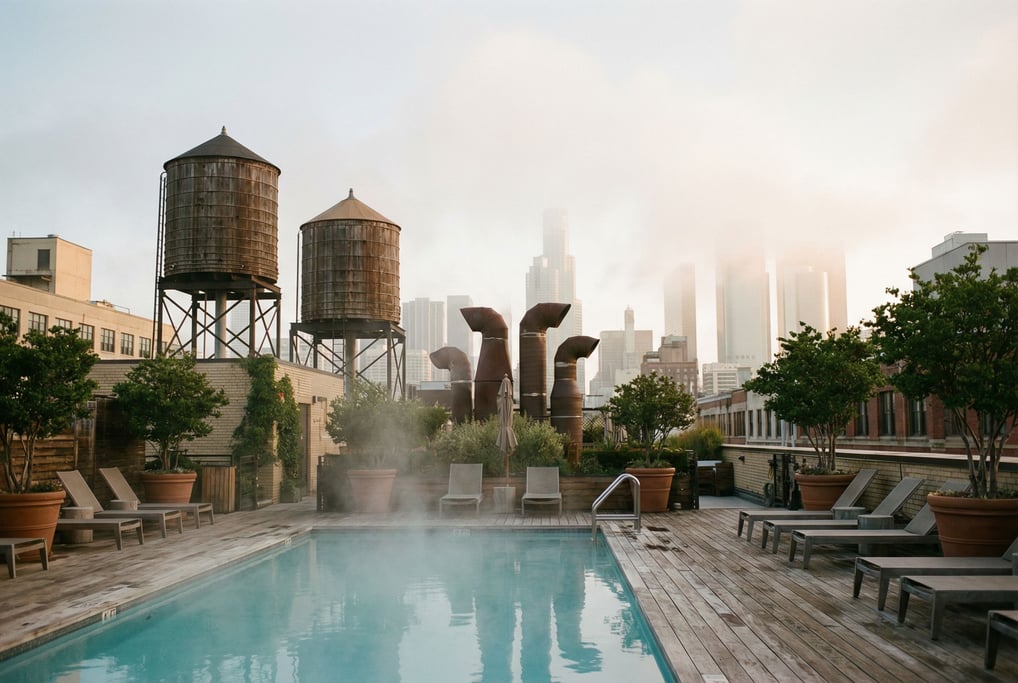 Rooftop pool deck overlooking downtown at misty morning