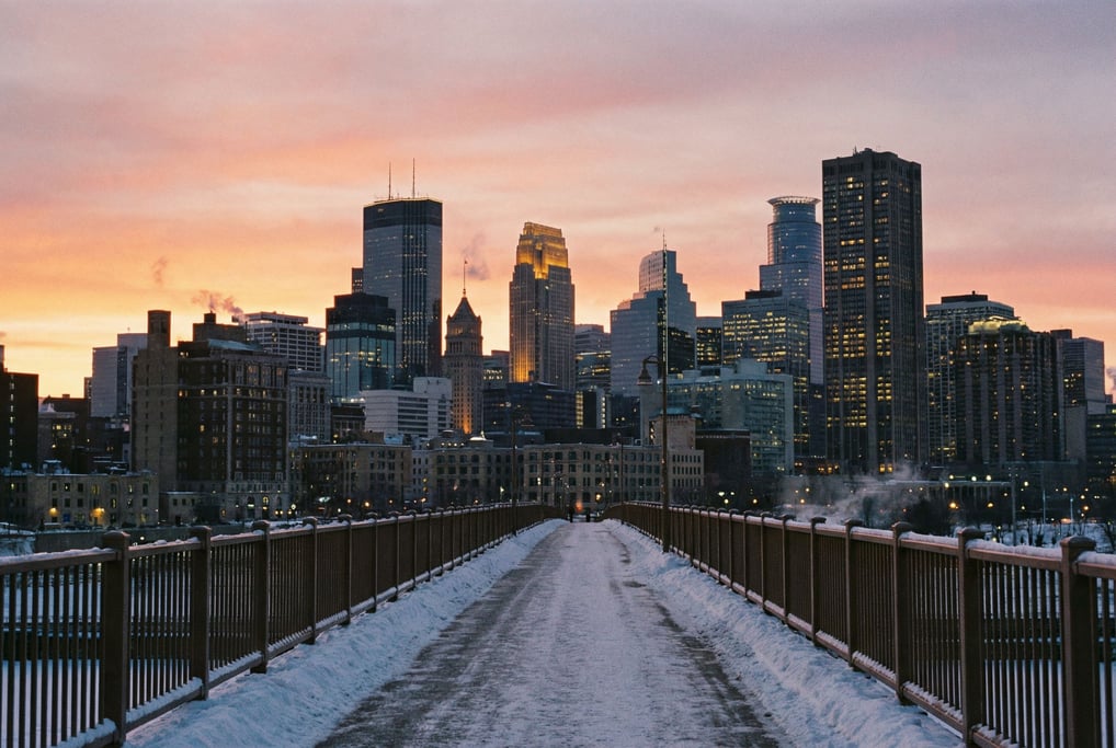 Distant city skyline seen from a bridge pedestrian walkway