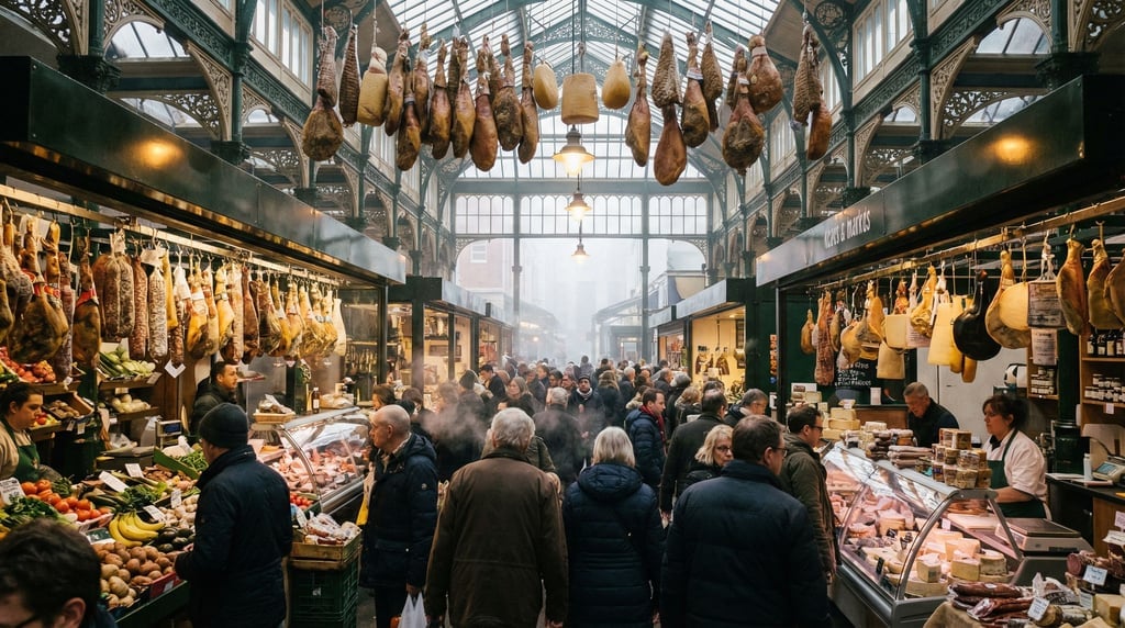 Covered market hall with cast iron columns and glass roof with hanging cured meats and cheeses