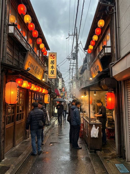 Narrow Japanese backstreet with izakayas with paper lanterns glowing warmly above doorways