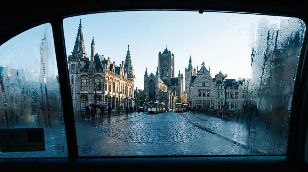 View through a rain-streaked taxi window overlooking a northern European cityscape at early morning