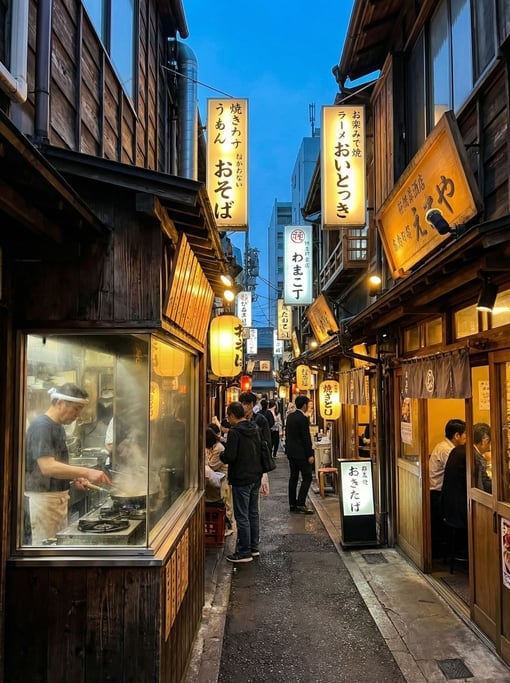 Narrow Japanese backstreet with izakayas with vertical signage in local script on narrow buildings