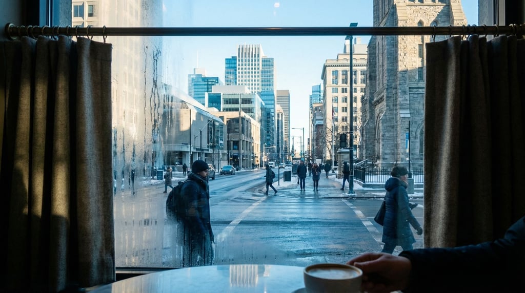 View through a café window with slight condensation overlooking a cosmopolitan cityscape at early mo