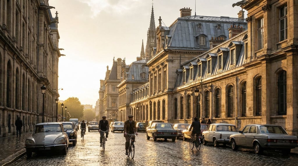 Grand Gothic revival boulevard with uniform mansard roofs with zinc cladding and dormer windows