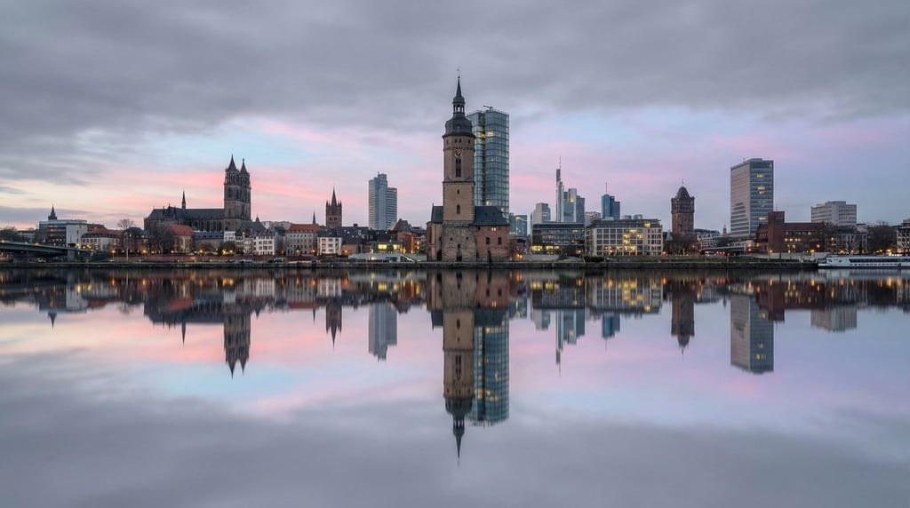 Mixed historic and contemporary city skyline reflected in a calm river at dawn