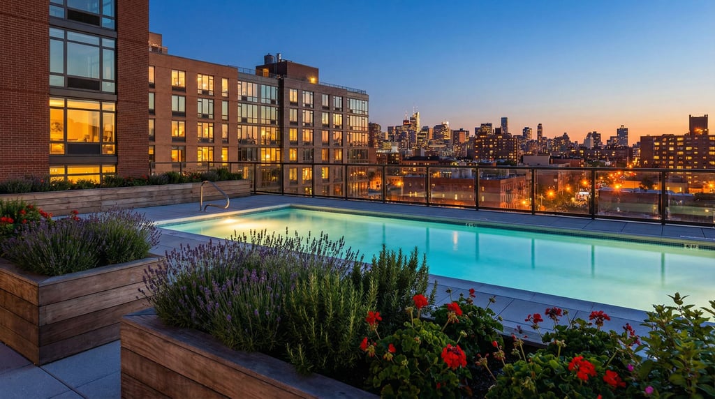 Rooftop pool deck overlooking downtown at dusk, raised planting beds with herbs and flowers