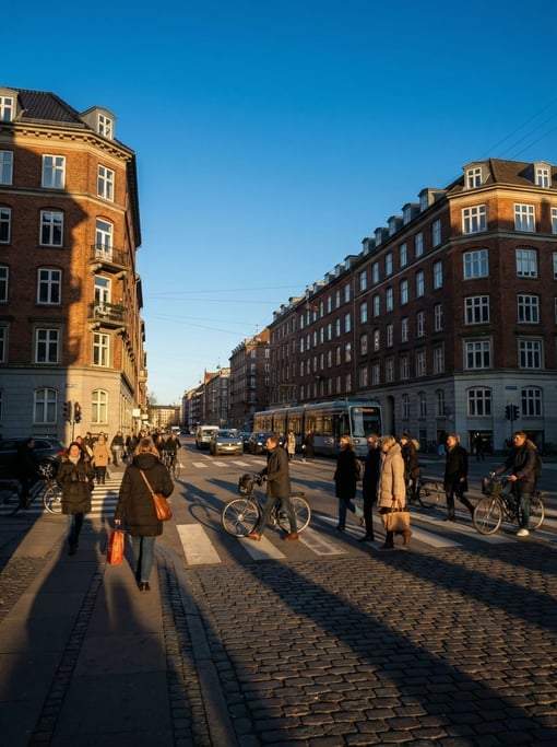 Busy pedestrian crossing during morning rush on a quiet residential side street in a northern Europe
