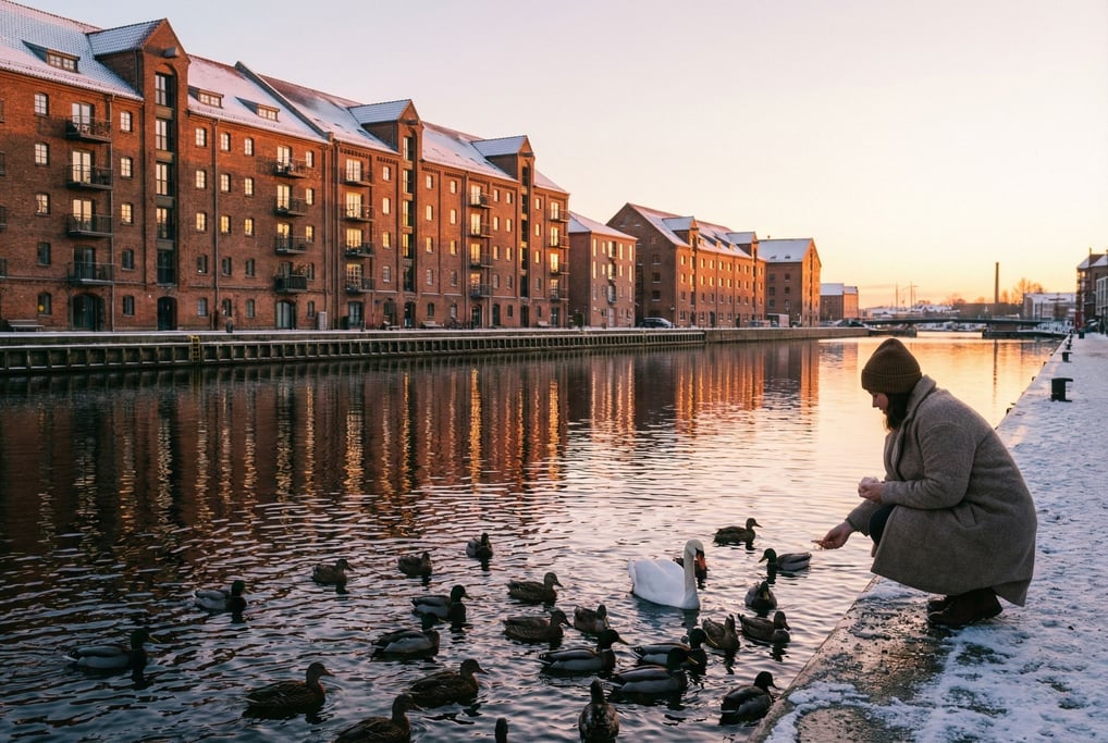 City dock area lined with old brick warehouses converted to apartments, sunset