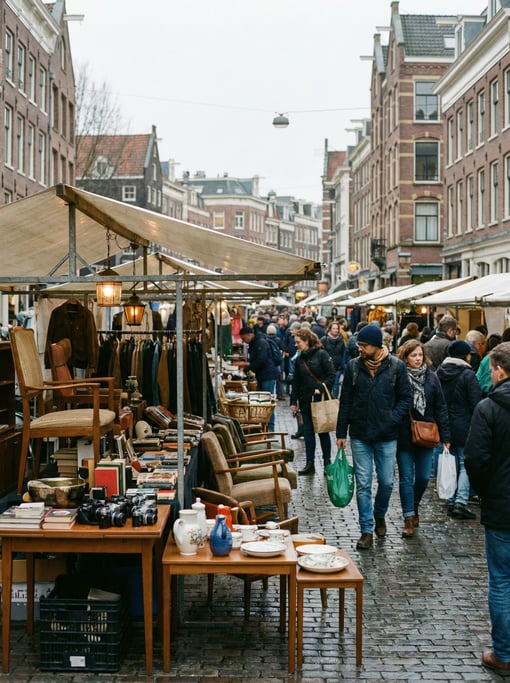 Open-air farmers market with canvas stalls with vintage finds laid out on tables