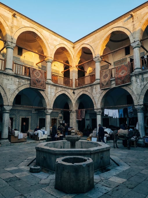 Looking up through a courtyard of a Ottoman-era caravanserai