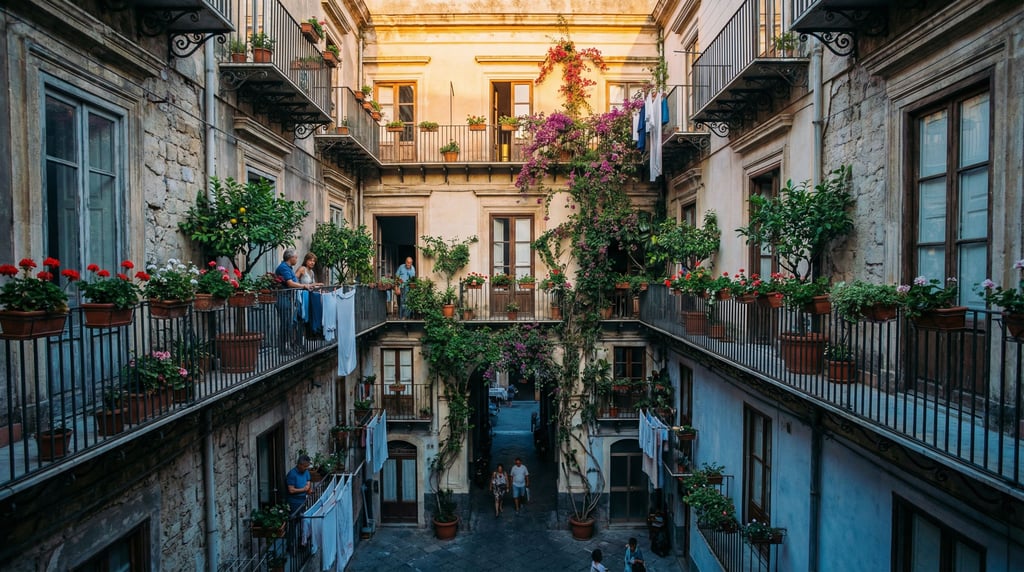Looking up through a courtyard of a Sicilian palazzo