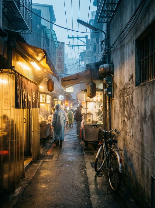 Narrow Taipei lane with street food stalls with noren curtains hanging in entries, misty morning