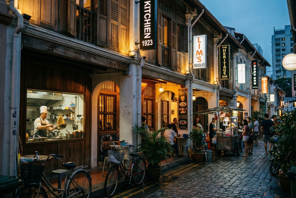 Narrow Singapore shophouse row with traditional wooden facades with modern signage, dusk